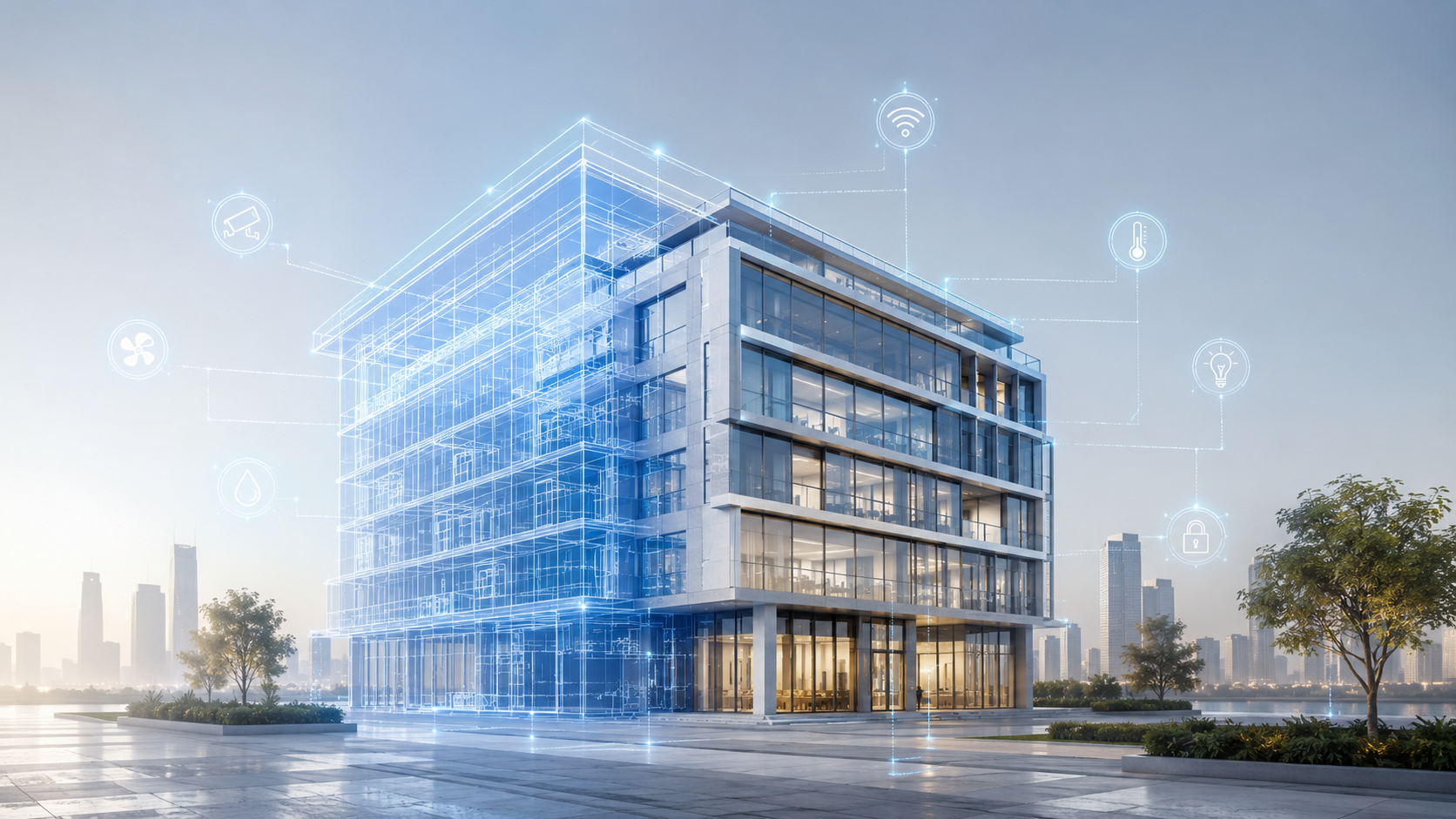 digital twin technology for real estate showing a modern smart building with BIM wireframe overlay and IoT connection icons