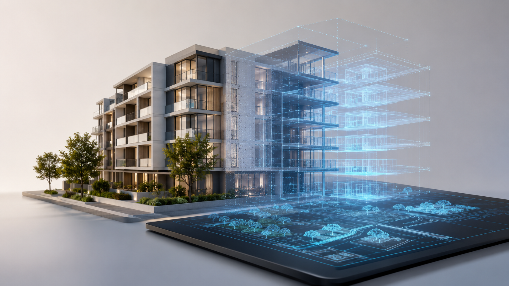 3D visualization solutions for property developers showing a modern residential building transforming into a digital twin wireframe model.