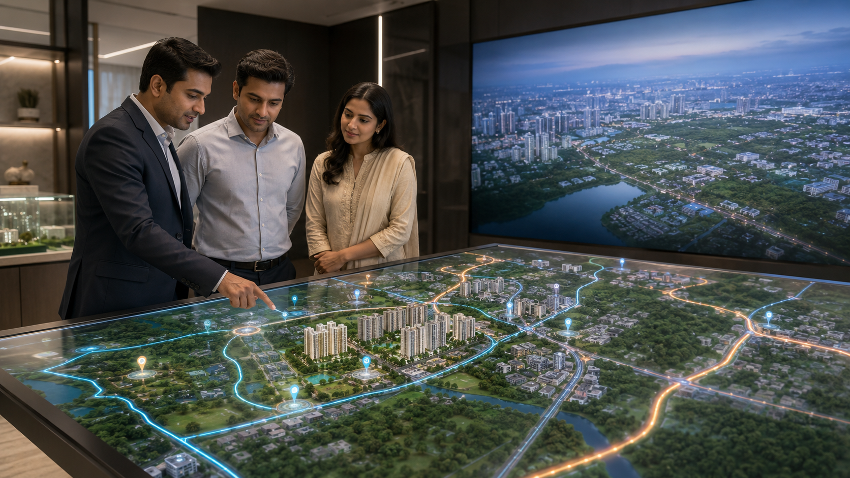 interactive location mapping for real estate shown on a digital 3D project map with Indian buyers and sales professional exploring connectivity and surroundings.