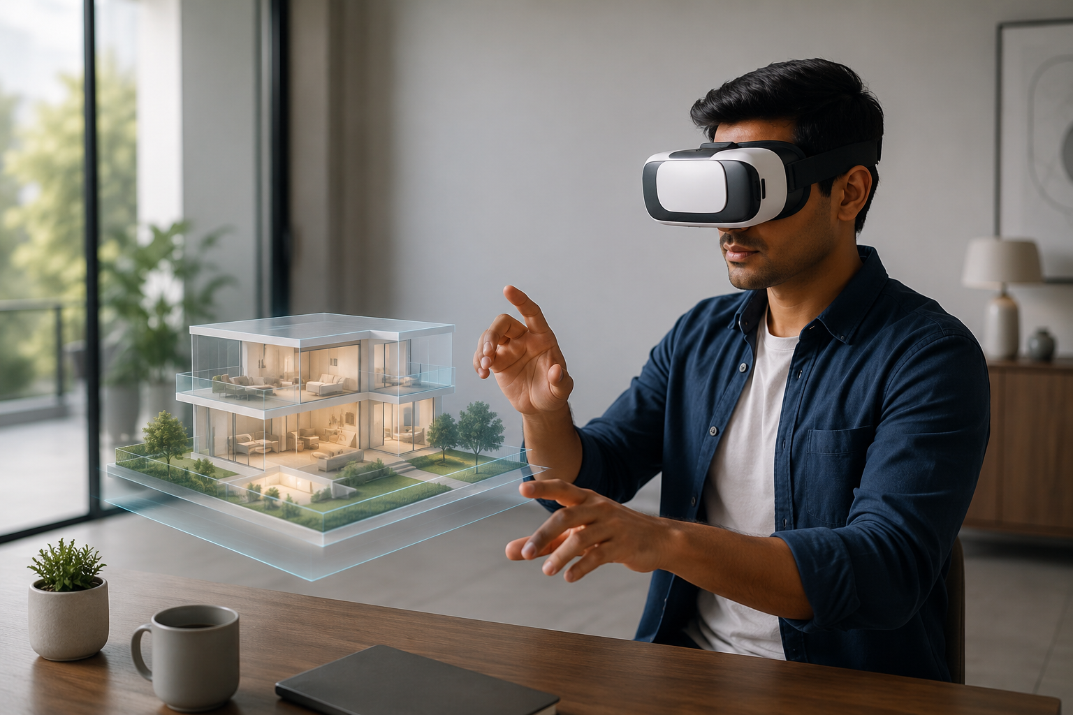 Indian property buyer exploring a virtual real estate walkthrough through a digital home model
